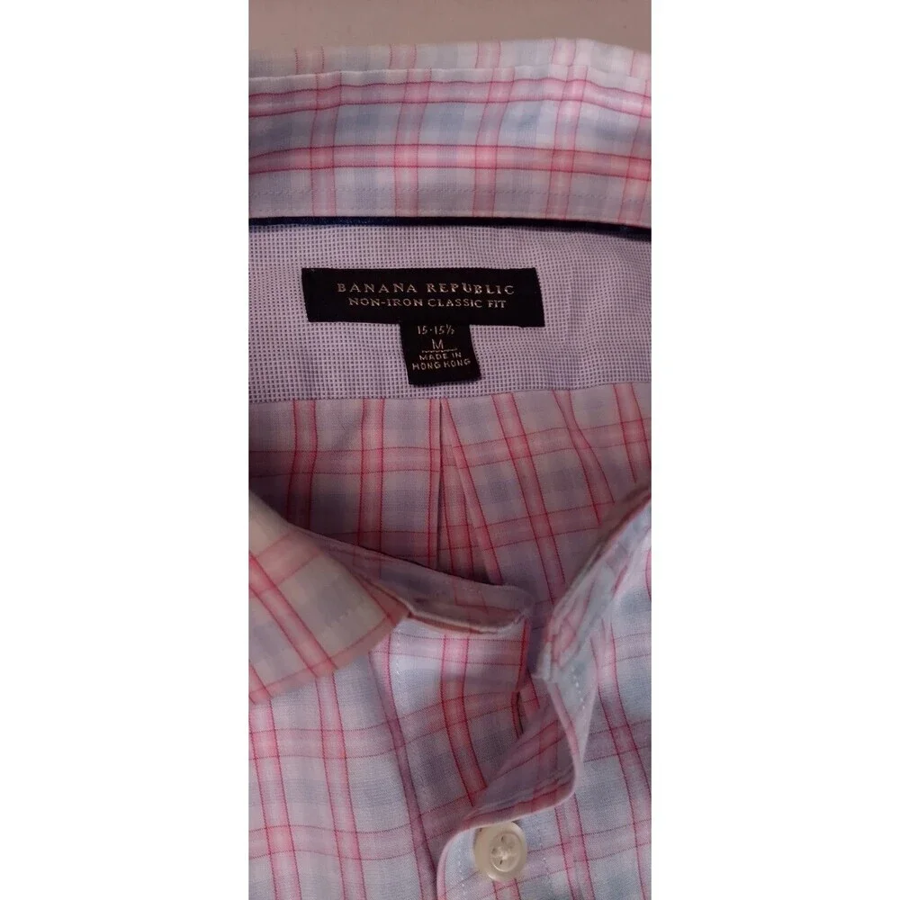 Banana Republic Men’s Medium 15-15.5 Non-Iron Classic Fit Shirt Pink Blue Plaid